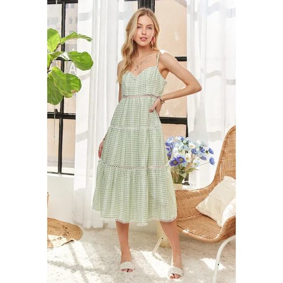 ADORA Sleeveless Gingham Check Print Side Zipper Washed Midi Dress | Light Green - Picture 6 of 7